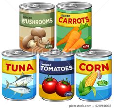 four cans of canned food with vegetables and fish - food objects objects / objects illustrations