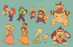 the super mario bros characters are all in different poses and sizes, including princess peach