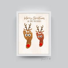 christmas card with two reindeer heads and the words merry christmas, we love you already