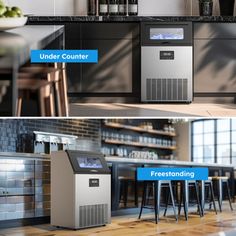 three different views of the same kitchen and dining area, one with an under counter ice machine