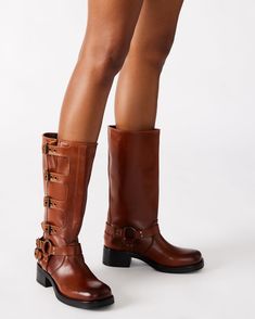 ROCKY Cognac Leather Knee-High Moto Boots | Women's Boots – Steve Madden Rocker Boots, Brown Riding Boots, Engineer Boots, Steve Madden Boots, 2 Inch Heels, Moto Boots, Boots Outfit, Cognac, Knee Boots