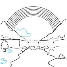 a drawing of a rainbow in the sky with mountains and trees around it, as well as clouds