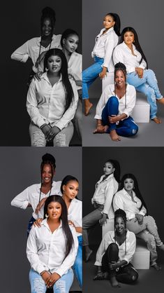 four black and white photos of people posing for the camera, with one woman sitting in front of her