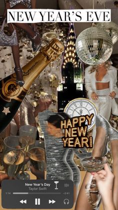 new year's eve photo collage with champagne and disco balls, woman in white dress