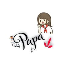 a woman with long hair standing in front of the word papa on her chest and an image