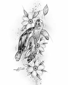 a drawing of a turtle and flowers