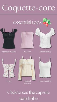 Essential tops for coquette core capsule wardrobe, coquette style aesthetic, lana del rey, dolette, lolita core, styling, fashion, trends, springtime, spring aesthetic, girlie pink princess girl, empire waist top, bow, ribbon, milkmaid top, corset, knitted cute sweater, lace cami top Pretty Corset Top, Corset Like Top, Coquette Cami Top, Styling Cami Tops, Coquette Inspired Outfits, Floral Cami Top Outfit, Coquette Tops Aesthetic, Coquette Top Outfit, Pink Tops Aesthetic