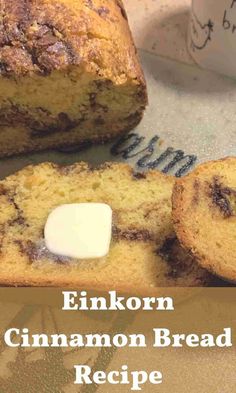 a close up of a muffin with a bite taken out of it and the text, elkorn cinnamon bread recipe