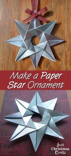 an ornament made out of silver paper on top of a wooden table with the words make a paper star ornament