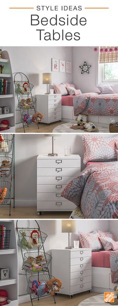 four different pictures of a bedroom with white furniture and pink bedding, including a bookcase