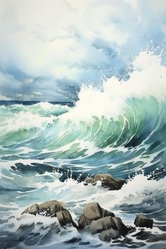 a painting of waves crashing over rocks in the ocean