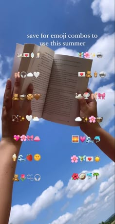 two hands holding an open book in front of the sky with icons coming out of it