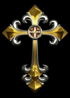 a gold cross with an ornate design on the front and back side, against a black background