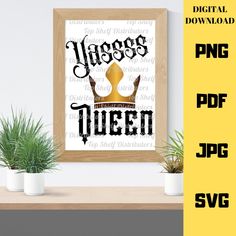 an image of a poster with the words queen on it and plants in pots next to it