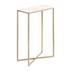 the side table is made from brass and has a white top with a thin metal frame