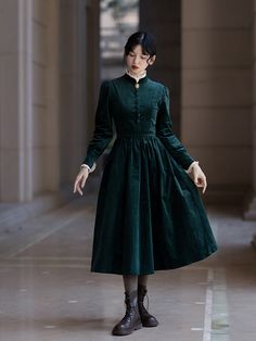 Dark green lady's corduroy dress – remulia Long Sleeve Victorian Dress For Fall Costume Party, Vintage Long Sleeve Dress For Fall Costume Party, Velvet A-line Dress For Winter, Green Velvet Dress For Fall, Green Velvet Fall Dress, Fall Long Sleeve Vintage Dress For Costume Party, Long Sleeve Victorian Dress For Winter Costume, Victorian Style Dresses For Fall, Cotton Victorian Long Sleeve Dress For Fall