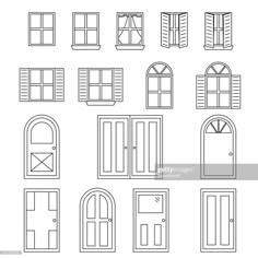 different types of doors and windows in black and white stock photo - illustration, clipping