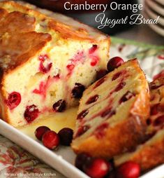 cranberry orange yogurt bread on a plate