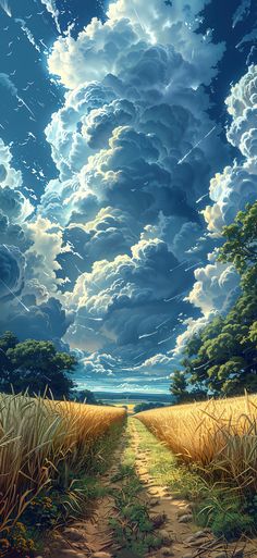 a painting of a dirt road leading to a field with trees and clouds in the sky