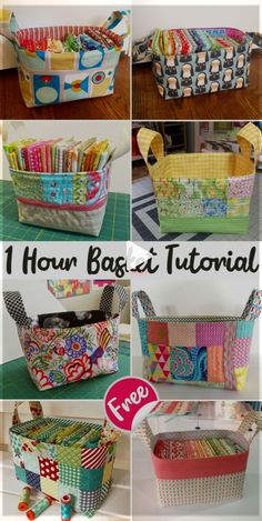 the instructions for how to sew a basket with different patterns and fabrics on it