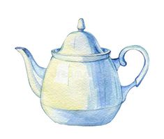 a watercolor painting of a blue teapot with a white top and handle on it