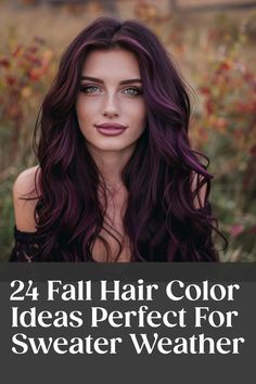 Woman with dark purple hair against a fall foliage background. Text: "24 Fall Hair Color Ideas Perfect For Sweater Weather." Fall Cool Hair Colors, Fun Fall Colors For Hair, Full Head Hair Color Ideas, Fall Hair Color For Brunette, Hair Colors 2024 Fall, 5vr Hair Color, 4rv Hair Color, Fall Hair Colors Medium Length, Oxblood Hair Color