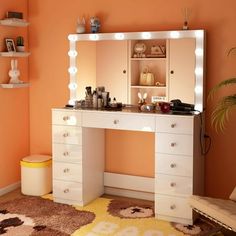 a white vanity with lights on it in a room