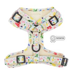 a white dog harness with colorful flowers and pineapples on the front, one side has