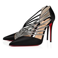 Christian Louboutin Antinorina Strass 100 Black Crystal Strappy Heel Pump 40 ********** Christian Louboutin ********** Brand: Christian Louboutin Size: 40 (know your Louboutin size)  Name: Antinorina Strass Color: Black / Crystal Style: Pointed Toe Pump Style# 3190426 Material: Crepe Satin / VV Pointed front toe Crystal strass silver embellishments on straps Standing on a 100mm heel Black crepe satin material Strappy straps design D'Orsay cut out side detail Thin back heel Classic red leather so Black Louboutin Heels, Louboutin Online, Special Occasion Shoes, Satin Noir, Strappy Stilettos, Satin Heels, Pointed Heels, Shoe Obsession, Louboutin Shoes