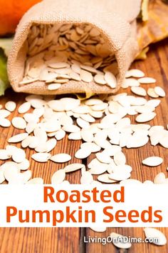 roasted pumpkin seeds in a burluck bag on a wooden table with the title