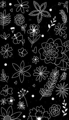 a black and white drawing of flowers on a dark background with text overlaying the image