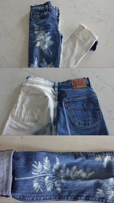 two pairs of jeans are shown next to each other, with the same pattern on them