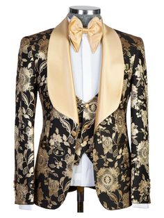 a tuxedo jacket with gold and black flowers on it