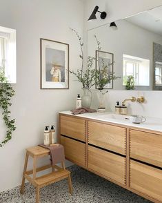 a bathroom with two sinks, mirrors and plants on the counter top in front of it