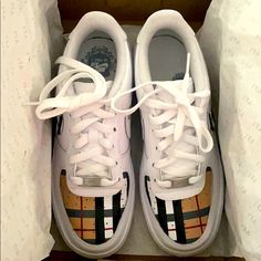 Nwb Brand New White Custom Authentic Nike Air Force 1s With A Burberry Design. Went Viral On Tik-Tok. Size 5.5y (Men) Which Is A Size 7 In Women. No Creases!! Clean! Comes With Box. The Design Is Very Durable And Waterproof! Doesn’t Come Off. Spent A Lot Of Money On These To Get Them Customized. Fast Shipping!! Burberry Air Force 1, Nike White Custom Sneakers With Air Cushioning, Burberry Custom Air Force 1, Nike White Custom Sneakers For Streetwear, Nike Custom Hand-painted White Sneakers, Nike Air Force Cartoon Custom, Softball Shoes, Air Max 90 Women, New Nike Air Force