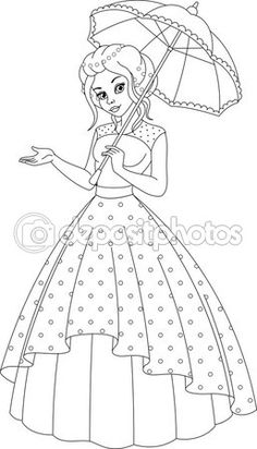 a woman in a dress with an umbrella coloring page for adults and children, black and white