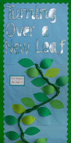 a green and blue poster with leaves on it that says turning over a new leaf