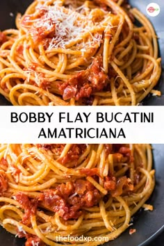 two pictures of spaghetti with sauce and cheese on top, one has the words bobby flay bucatini amatriciana