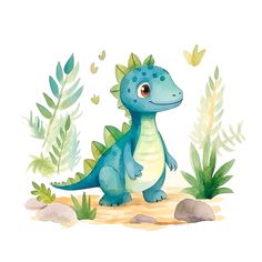 a watercolor painting of a blue dinosaur sitting in the middle of plants and rocks