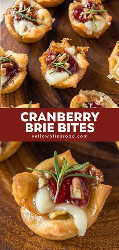 cranberry brie bites on a wooden platter with text overlay that reads, cranberry brie bites