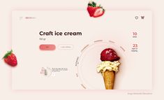 an ice cream cone with two strawberries on top and the word craft ice cream above it