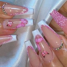 Free Yourself 24 Piece Long Coffin Press On Nails Bundle & Save! Nails With Butterfly Design, Nails With Butterfly, Baby Pink Acrylics, Braids Styling, Acrylic Nails Stiletto, Luminous Nails, Punk Nails, Grunge Nails, Coffin Press On Nails