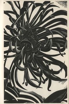 black and white drawing of an abstract flower with long, thin stems in the center