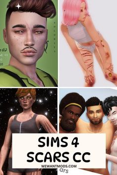 four different images with the words sims 4 scars c on them and an image of