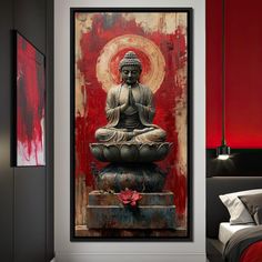 a buddha statue sitting on top of a bed next to a red wall and floor