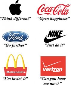 many different logos are shown together on a white background with black and red lettering that says, think different open happiness go further just do it