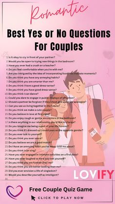 Explore your relationship in a fun and straightforward way with these best yes or no questions for couples. These questions are perfect for sparking conversations and discovering new things about each other. Whether you're discussing your favorite activities, future goals, or personal preferences, these simple yes or no questions will provide insight and laughter. Ideal for date nights, road trips, or quiet moments together, these questions will help you and your partner connect on a deeper level without any pressure  #YesOrNoQuestions #CoupleQuestions #RelationshipFun #CouplesQuiz #DateNightIdeas #SimpleQuestions #DiscoverEachOther #CoupleActivities #RelationshipGoals #LoveAndLaughter #EngagingQuestions #FunWithPartner #CouplesGames #EasyQuestions #RelationshipTrivia #QuizForCouples Fun Relationship Questions, Couple Quiz, Question Games For Couples, Fun Relationship, Boyfriend Questions, Text Conversation Starters, Couples Quiz, Questions For Couples