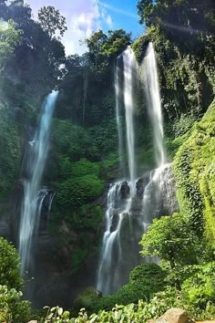 the waterfall is surrounded by lush green trees