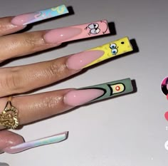 Xl Long Nail Designs, Medium Freestyle Nails, Spongebob Nails, Acrylic Toes, Acrylic Toe Nails, Long Acrylic Nail Designs, Hard Nails, Drip Nails, Colored Acrylic Nails