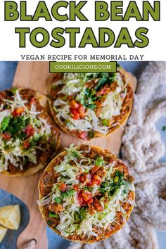 three black bean tostadas on a cutting board